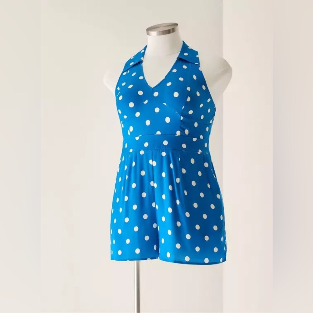 Torrid Blue and White Retro Chic Polka Dot Halter Romper